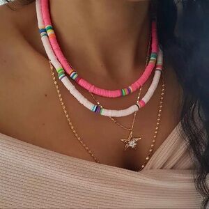 Vibrant Pink and White Beaded Necklace Set
